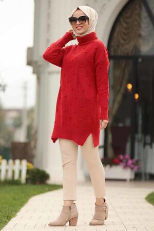 Neva Style - Balıkçı Yaka Ponponlu Kırmızı Tesettür Kazak 15709K - 1