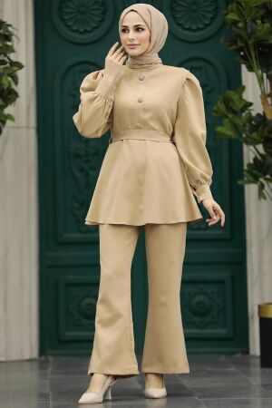 Neva Style - Balon Kol Bej Tesettür İkili Takım 5891BEJ - 1