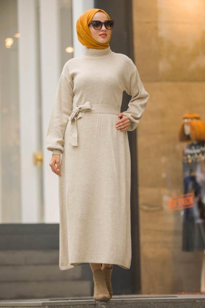 Neva Style - Balon Kol Bej Tesettür Triko Elbise 15628BEJ - 2