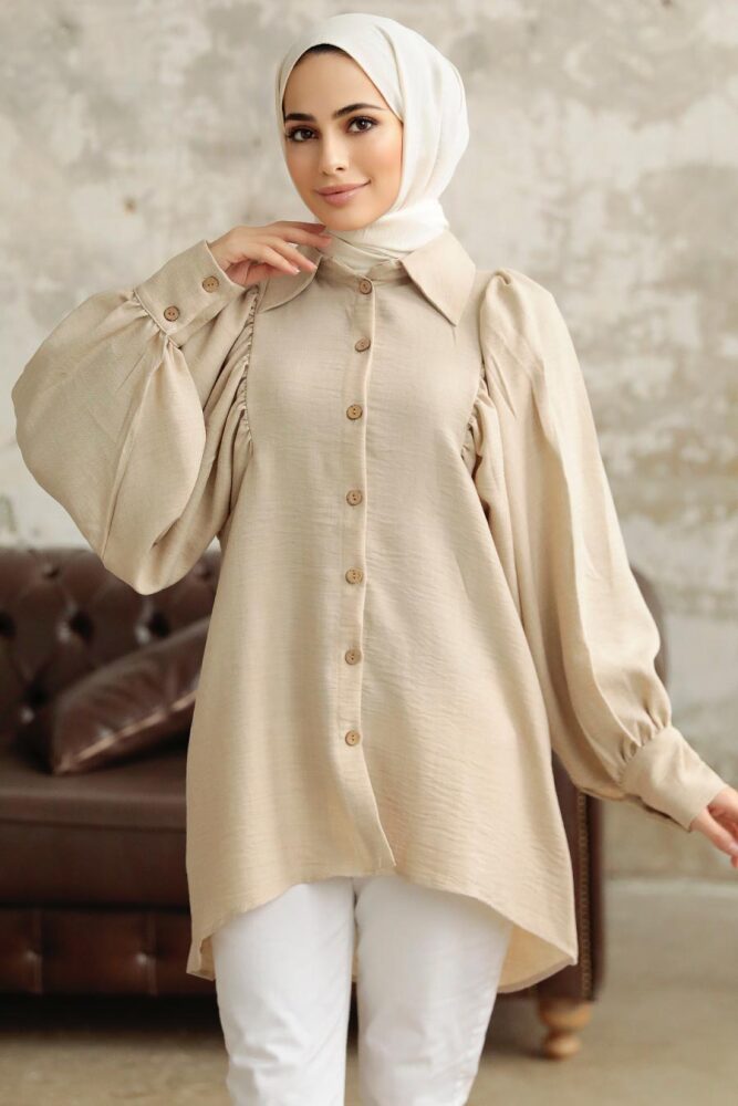 Neva Style - Balon Kol Bej Tesettür Tunik 1136BEJ - NEVA STYLE