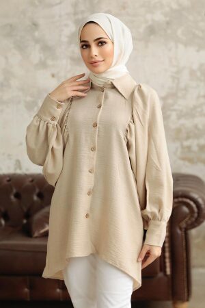Neva Style - Balon Kol Bej Tesettür Tunik 1136BEJ - 2