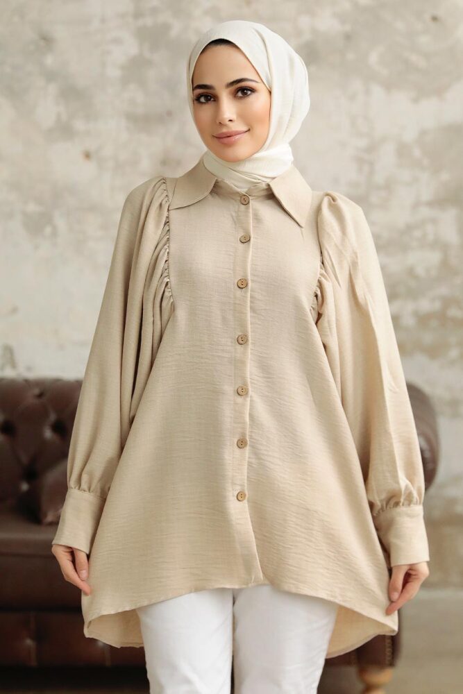 Neva Style - Balon Kol Bej Tesettür Tunik 1136BEJ - 3