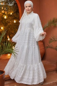 Neva Style - Balon Kol Beyaz Tesettür Elbise 14101B - Thumbnail