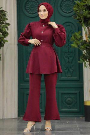 Neva Style - Balon Kol Bordo Tesettür İkili Takım 5891BR - 2