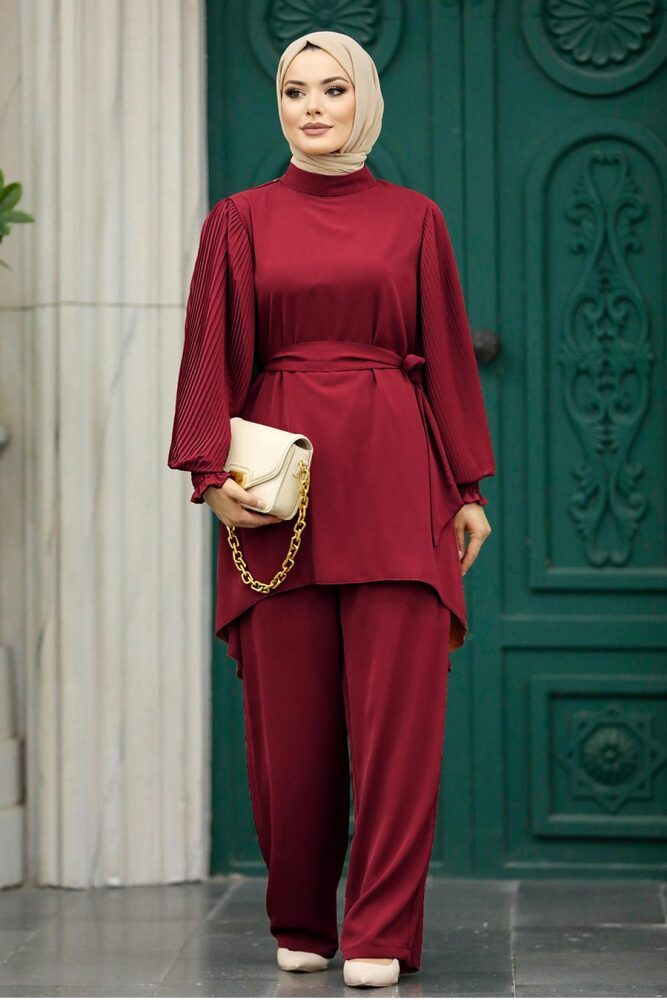 Neva Style - Balon Kol Bordo Tesettür İkili Takım 5923BR - NEVA STYLE