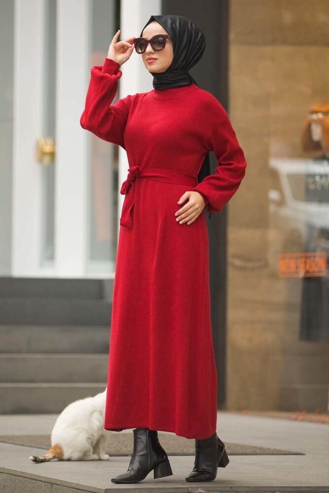 Neva Style - Balon Kol Bordo Tesettür Triko Elbise 15628BR - 1
