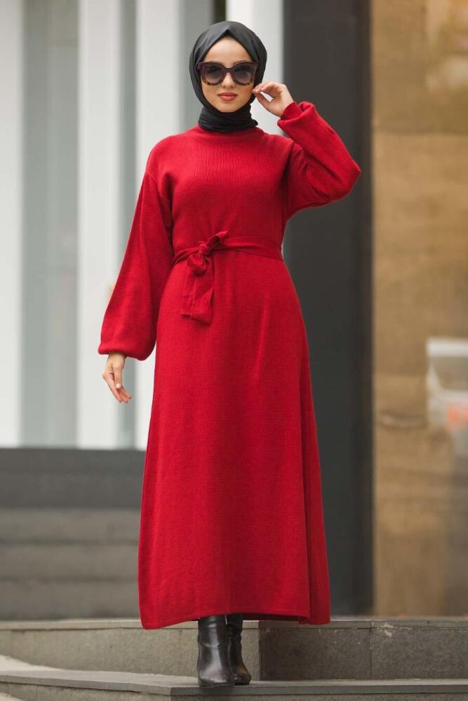 Neva Style - Balon Kol Bordo Tesettür Triko Elbise 15628BR - 2
