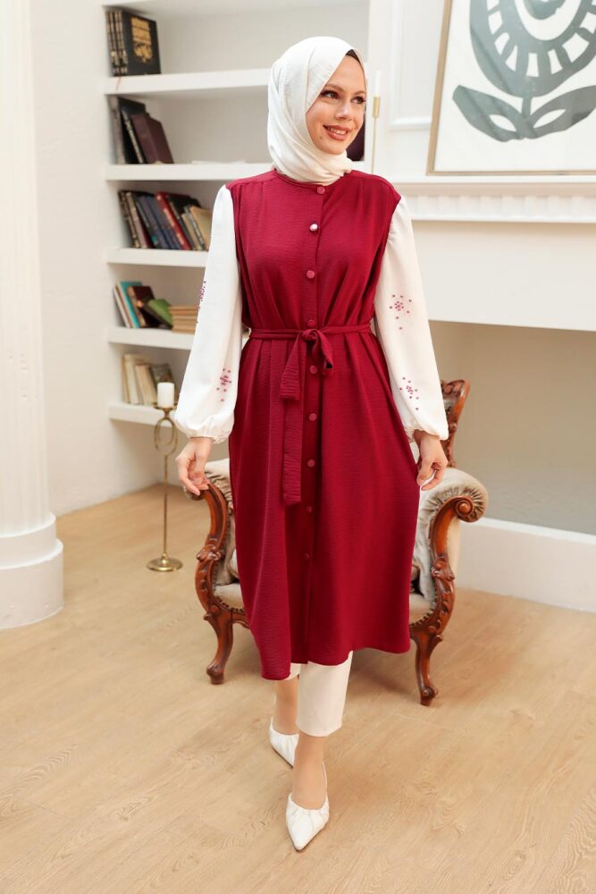 Neva Style - Balon Kol Bordo Tesettür Tunik 5693BR - 1