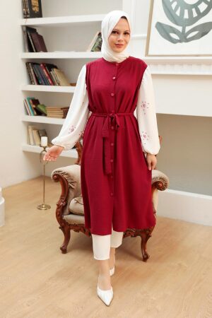 Neva Style - Balon Kol Bordo Tesettür Tunik 5693BR - Thumbnail