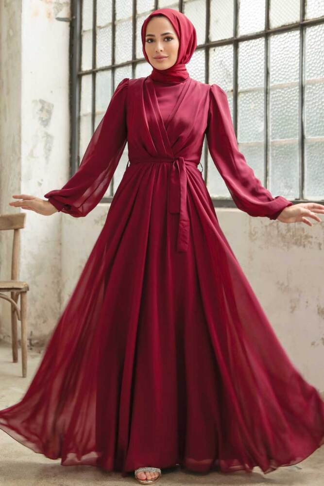 Neva Style - Balon Kol Borrdo Tesettür Elbise 5796BR - 1