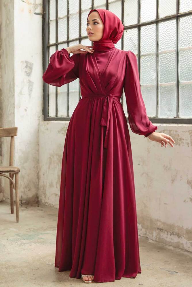Neva Style - Balon Kol Borrdo Tesettür Elbise 5796BR - 4