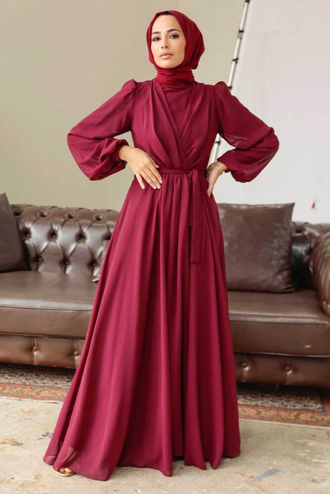 Neva Style - Balon Kol Borrdo Tesettür Elbise 5796BR - 2