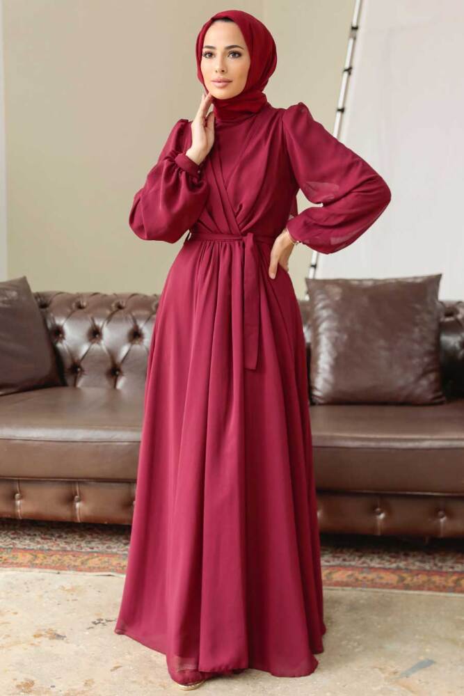 Neva Style - Balon Kol Borrdo Tesettür Elbise 5796BR - 3