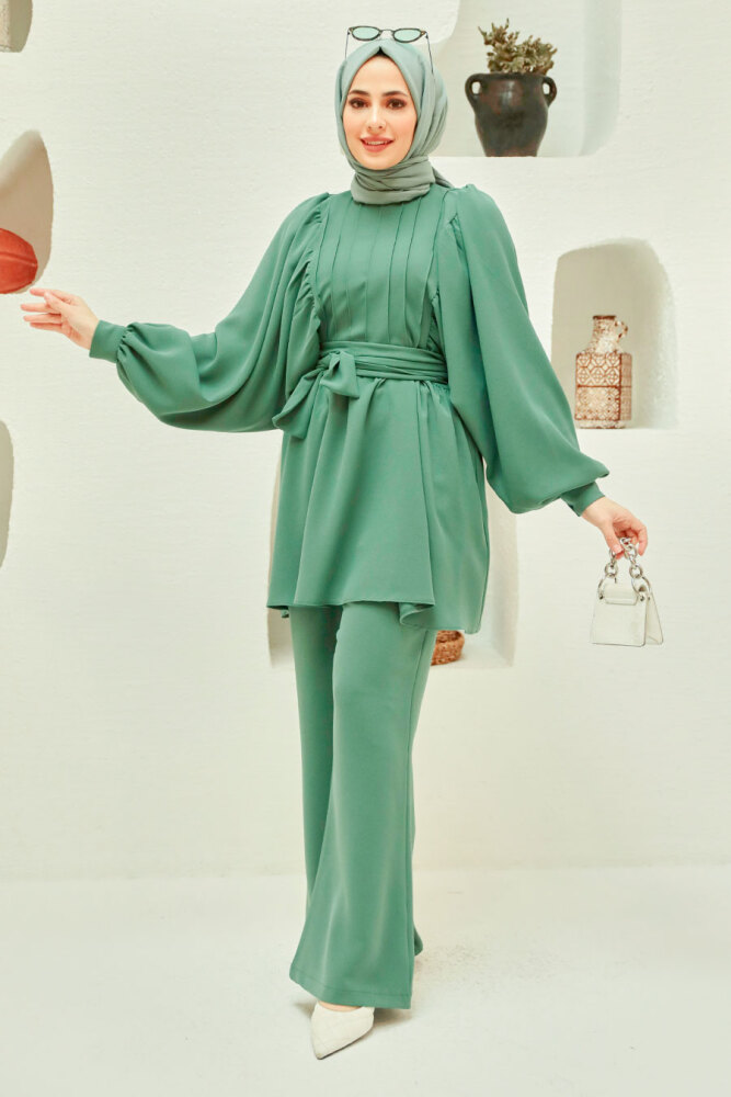 Neva Style - Balon Kol Çağla Yeşili Tesettür İkili Takım 20071CY - 2