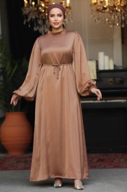 Neva Style - Balon Kol Camel Tesettür Elbise 30371C - Thumbnail