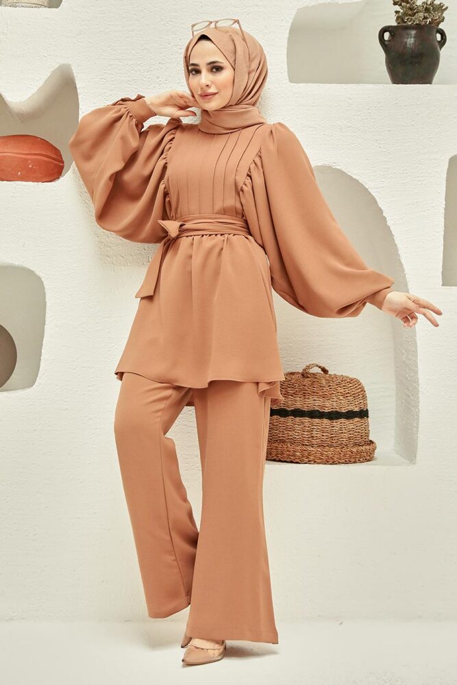 Neva Style - Balon Kol Camel Tesettür İkili Takım 20071C - 1