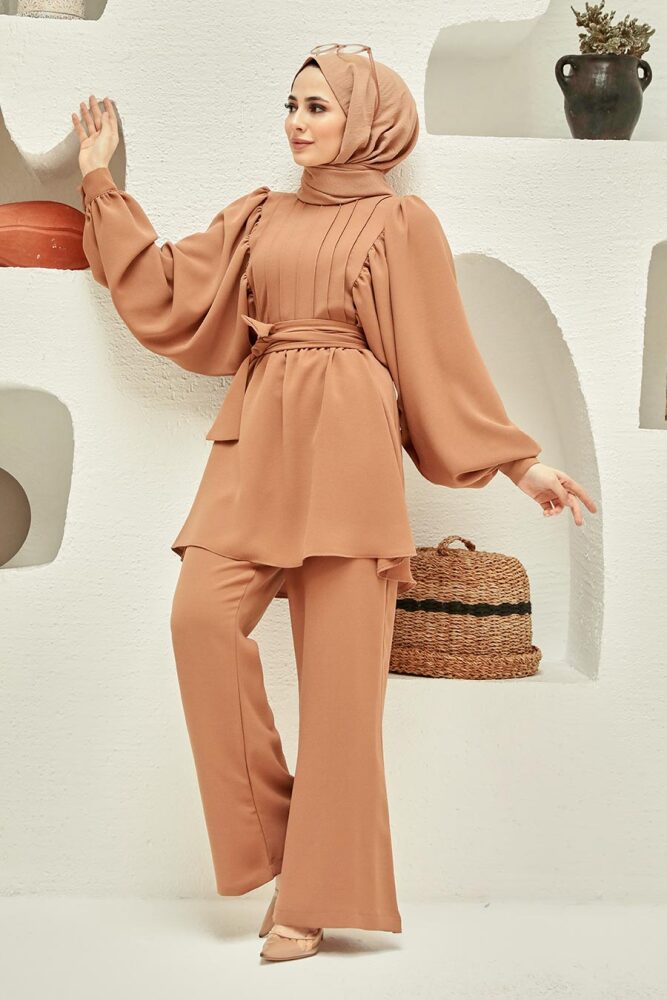 Neva Style - Balon Kol Camel Tesettür İkili Takım 20071C - 2