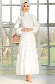 Neva Style - Balon Kol Ekru Tesettür Elbise 27001E - Thumbnail