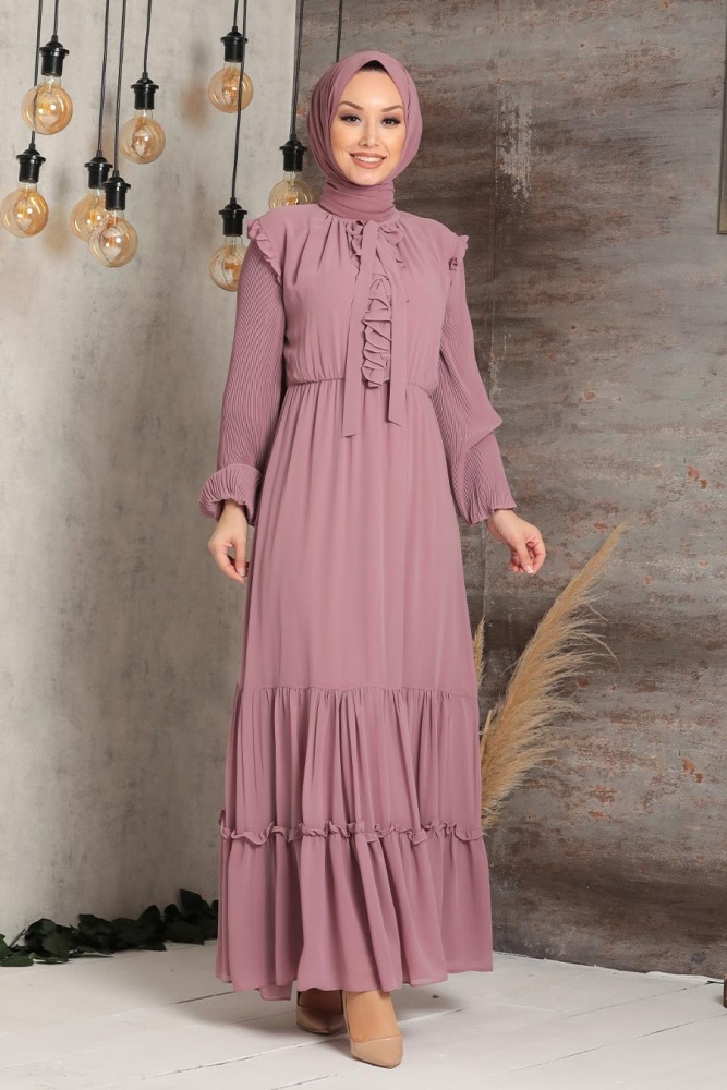 Neva Style - Balon Kol Gül Kurusu Tesettür Elbise 2409GK - 2