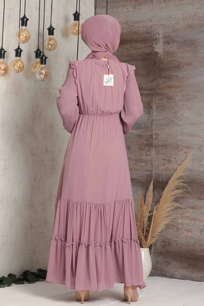 Neva Style - Balon Kol Gül Kurusu Tesettür Elbise 2409GK - 3