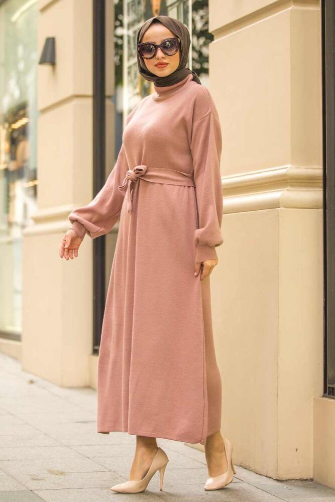 Neva Style - Balon Kol Gül Kurusu Tesettür Triko Elbise 15628GK - 1