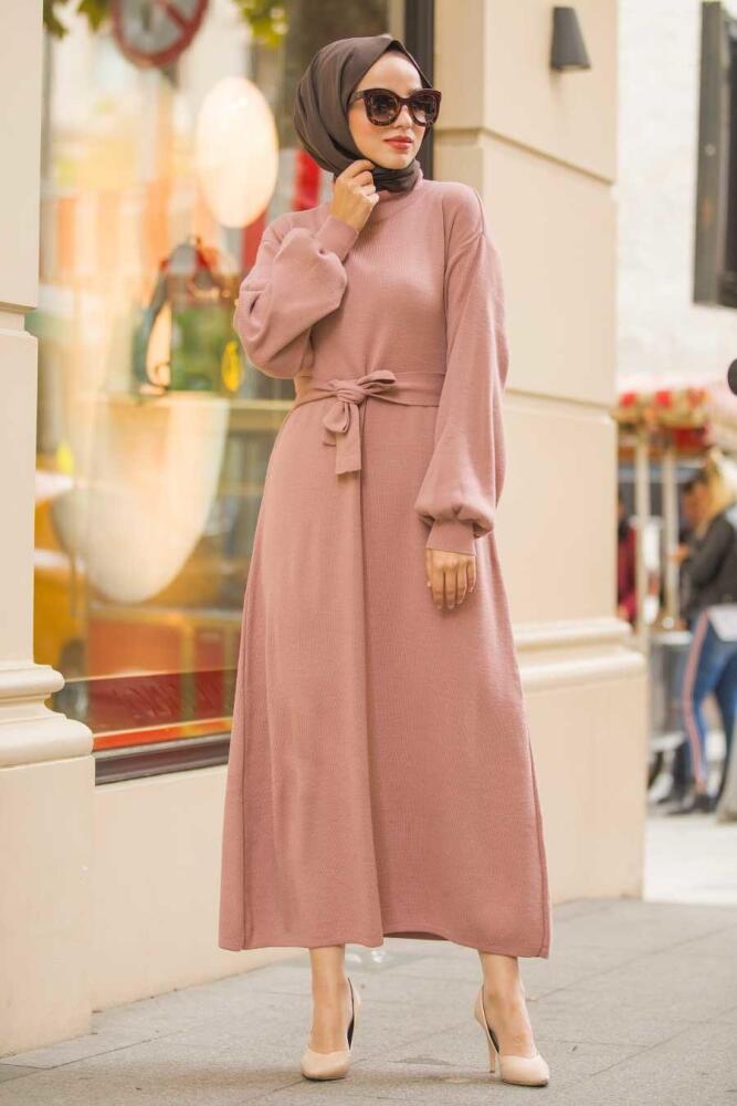 Neva Style - Balon Kol Gül Kurusu Tesettür Triko Elbise 15628GK - 2