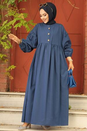 Neva Style - Balon Kol İndigo Mavisi Tesettür Poplin Elbise 57347IM - 1