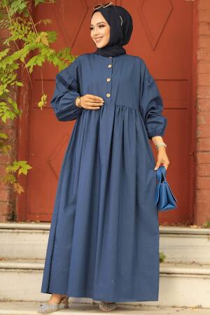 Neva Style - Balon Kol İndigo Mavisi Tesettür Poplin Elbise 57347IM - 2