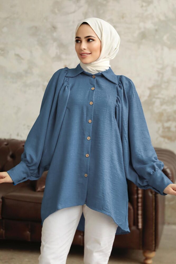 Neva Style - Balon Kol İndigo Mavisi Tesettür Tunik 1136IM - 1