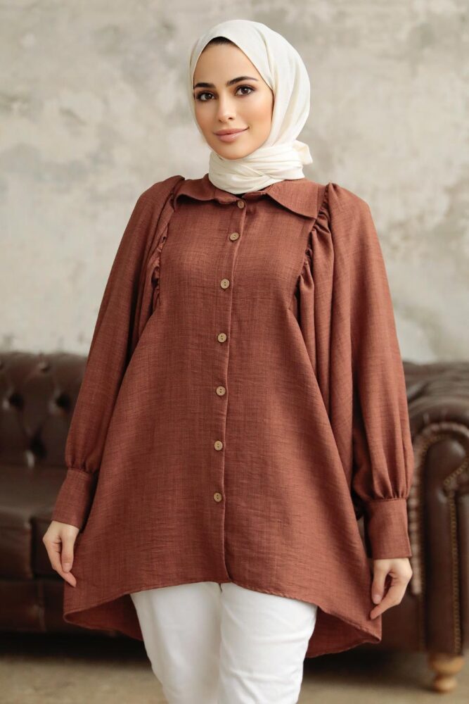 Neva Style - Balon Kol Kahverengi Tesettür Tunik 1136KH - 2