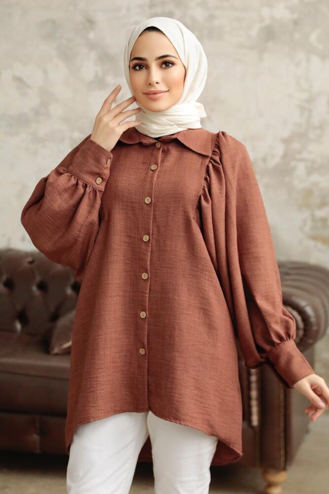 Neva Style - Balon Kol Kahverengi Tesettür Tunik 1136KH - 4