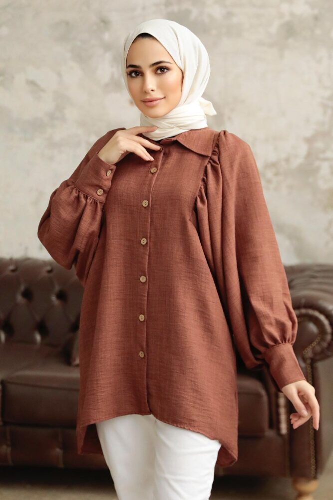 Neva Style - Balon Kol Kahverengi Tesettür Tunik 1136KH - 3