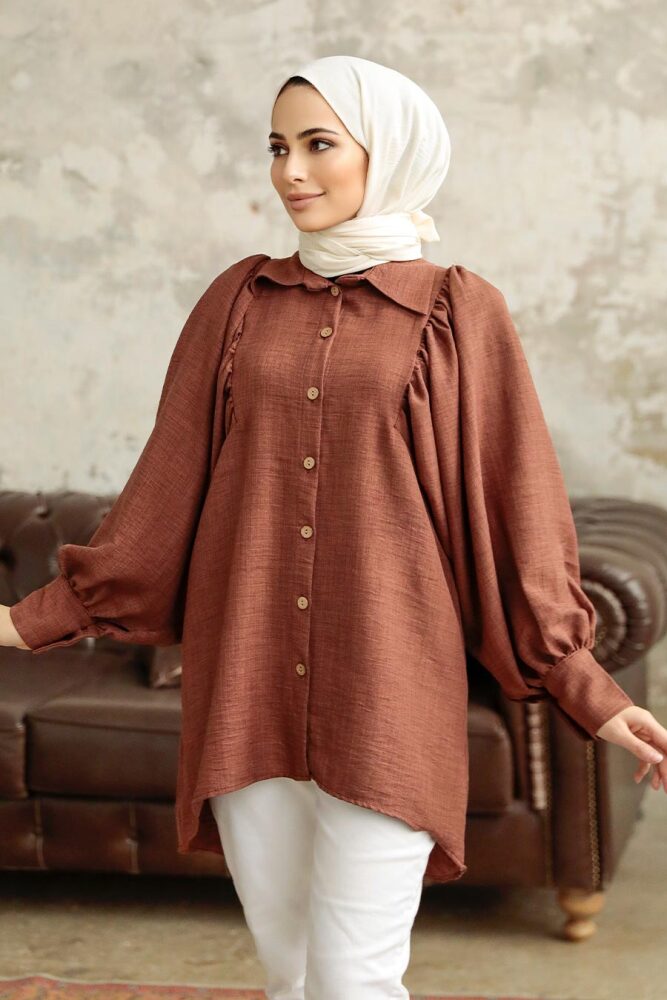 Neva Style - Balon Kol Kahverengi Tesettür Tunik 1136KH - 1