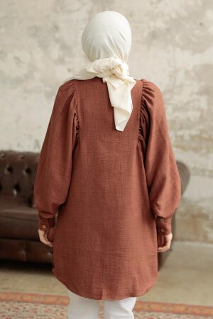 Neva Style - Balon Kol Kahverengi Tesettür Tunik 1136KH - 5