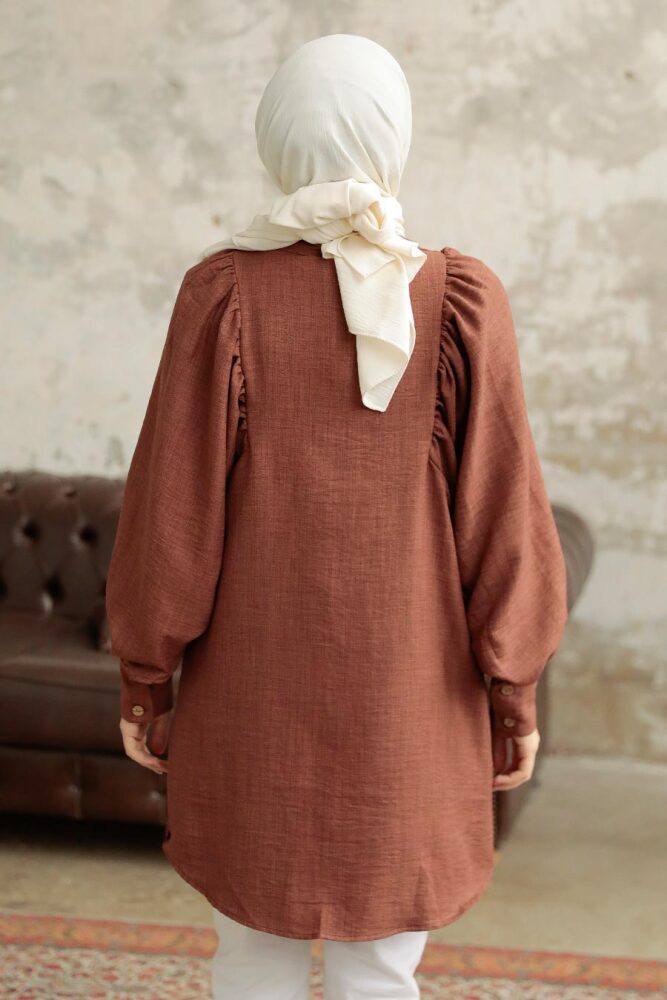 Neva Style - Balon Kol Kahverengi Tesettür Tunik 1136KH - 5