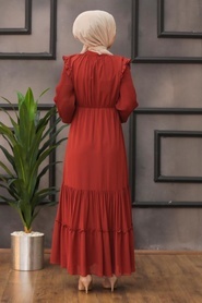 Neva Style - Balon Kol Kiremit Tesettür Elbise 2409KRMT - Thumbnail