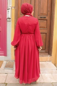 Neva Style - Balon Kol Kırmızı Tesettür Elbise 1448K - Thumbnail