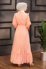 Neva Style - Balon Kol Koyu Somon Tesettür Elbise 2409SMN - Thumbnail