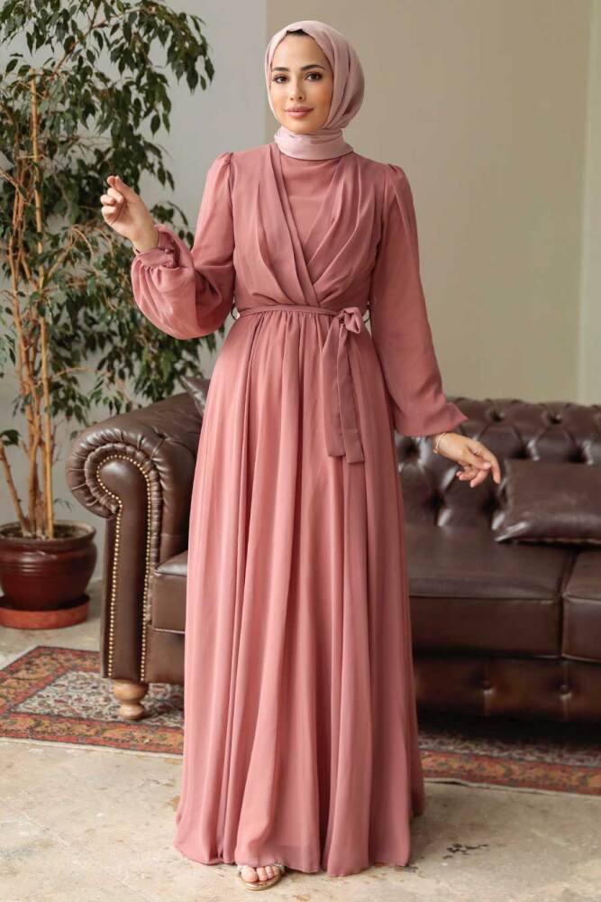 Neva Style - Balon Kol Koyu Somon Tesettür Elbise 5796KSMN - 2