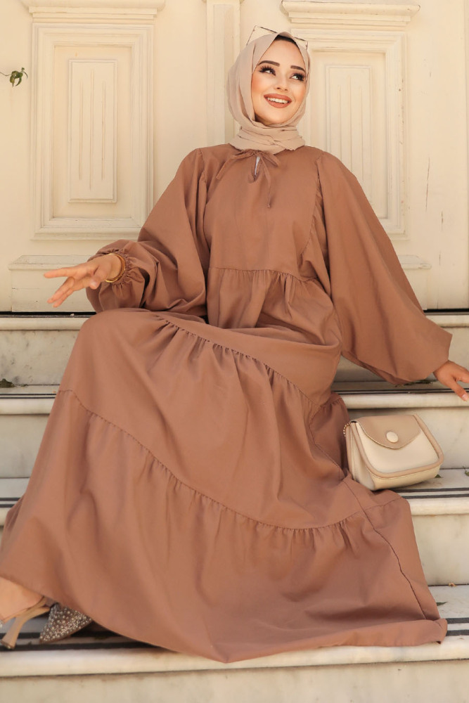 Neva Style - Balon Kol Koyu Vizon Tesettür Poplin Elbise 57349KV - 1