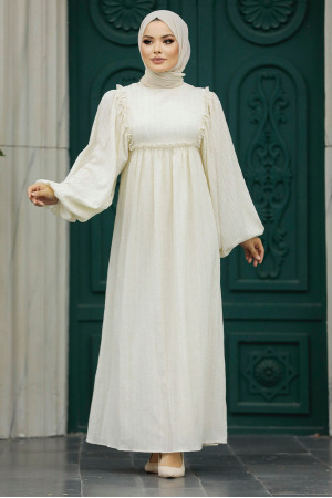  Balon Kol Krem Tesettür Elbise 70301KR - 4