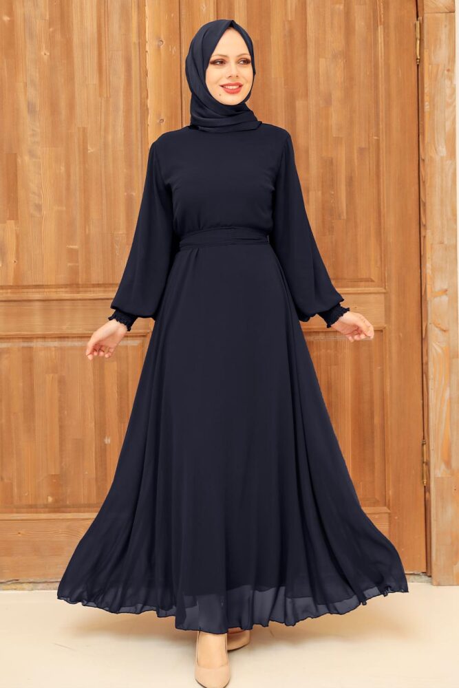 Neva Style -Balon Kol Lacivert Tesettür Elbise 20550L - 1