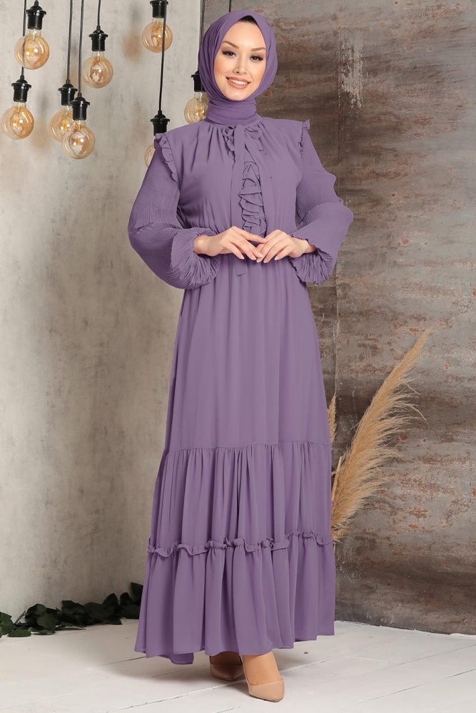 Neva Style - Balon Kol Lila Tesettür Elbise 2409LILA - 1