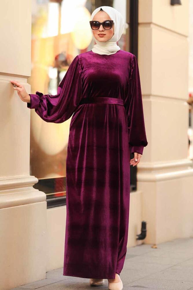 Neva Style - Balon Kol Mor Tesettür Kadife Elbise 3274MOR - 1