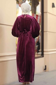 Neva Style - Balon Kol Mor Tesettür Kadife Elbise 3274MOR - Thumbnail