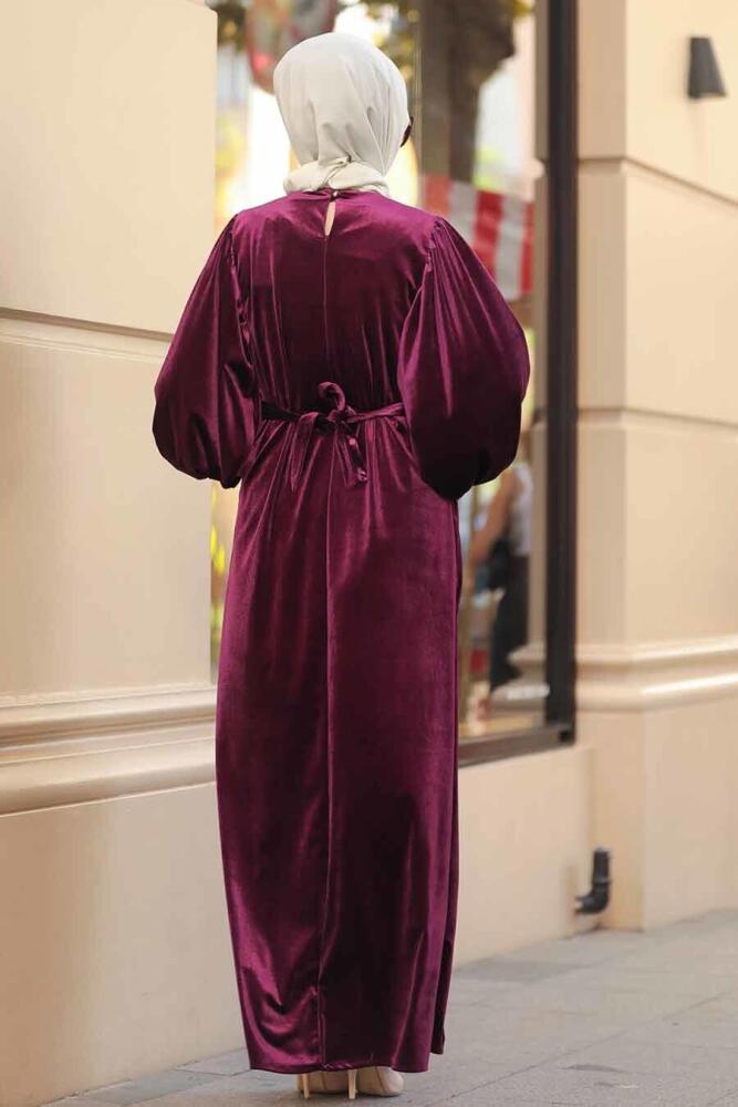 Neva Style - Balon Kol Mor Tesettür Kadife Elbise 3274MOR - 2