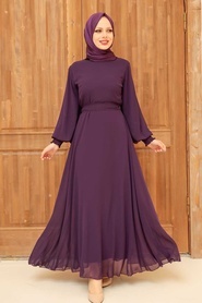 Neva Style -Balon Kol Mürdüm Tesettür Elbise 20550MU - Thumbnail