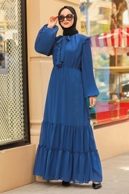 Neva Style - Balon Kol Sax Mavisi Tesettür Elbise 2409SX - Thumbnail