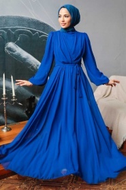 Neva Style - Balon Kol Sax Mavisi Tesettür Elbise 5796SX - Thumbnail
