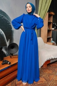 Neva Style - Balon Kol Sax Mavisi Tesettür Elbise 5796SX - Thumbnail